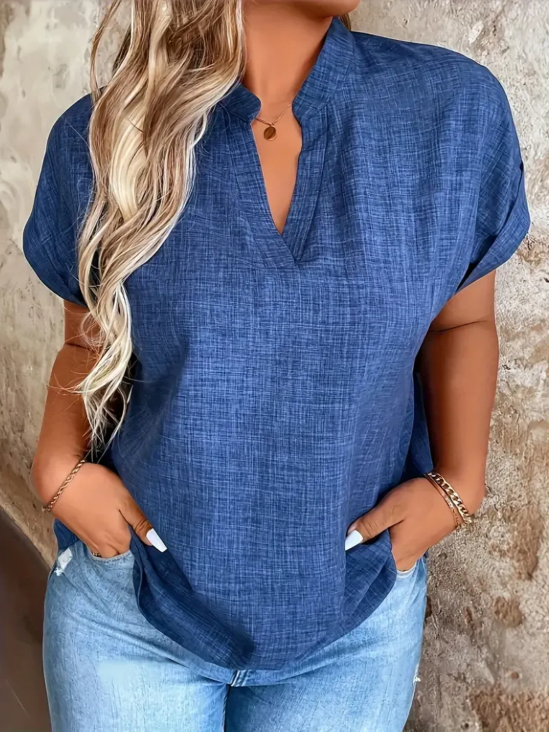 Women's Elegant Blue Notched V-Neck Blouse with Batwing Sleeves - Polyester, Machine Washable, Perfect for Spring/Summer Fashion, Casual Summer Wear|Elegant Vneck Blouse|Polyester Fabric