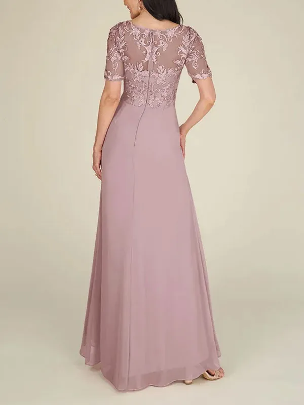 Floor-to-ceiling chiffon lace back zip bridal mom dress