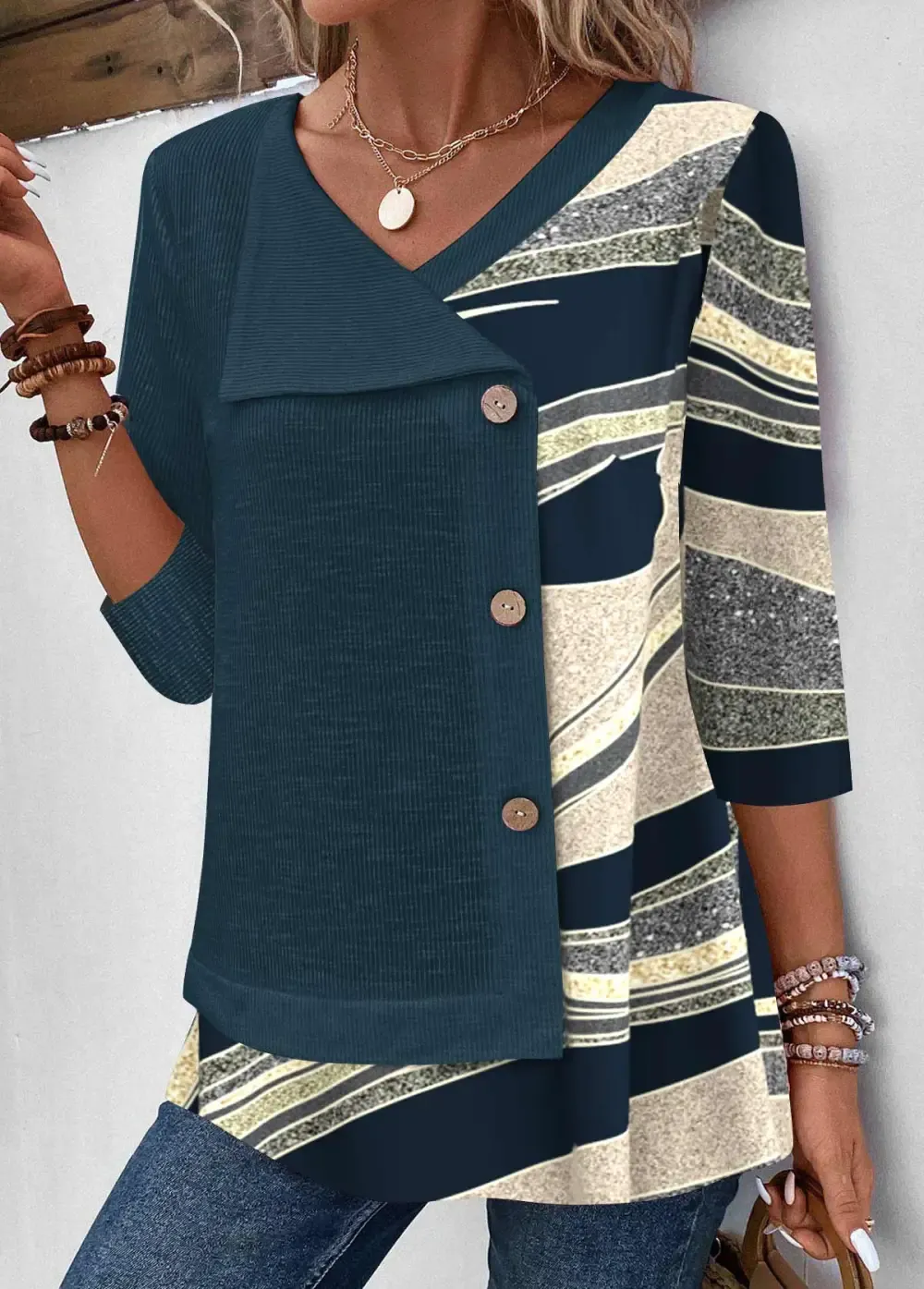 Peacock Blue Patchwork Geometric Print 3/4 Sleeve T Shirt