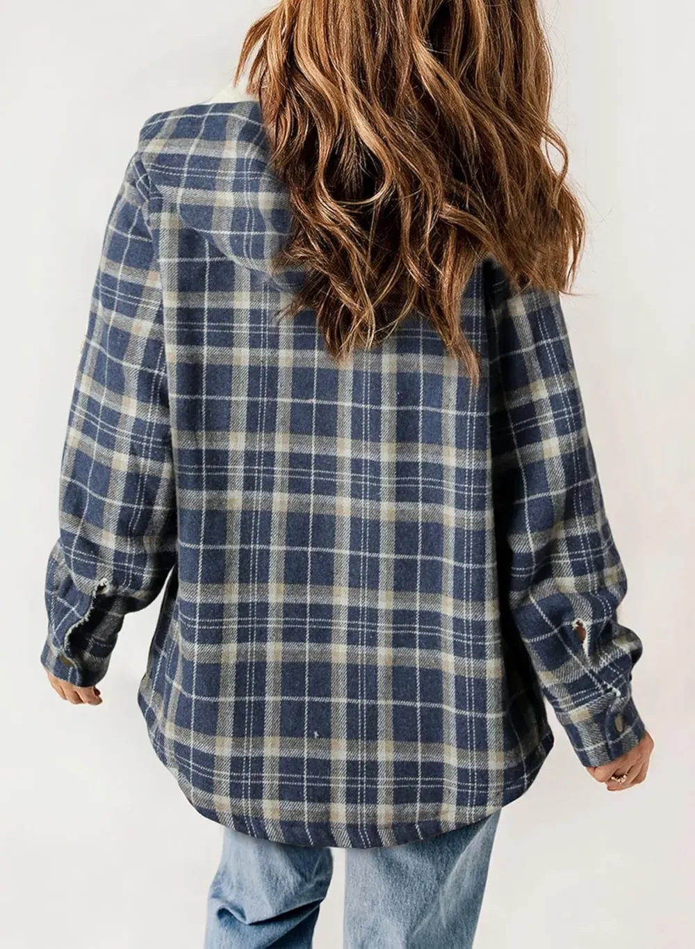Womens Plaid Shacket Jacket Long Sleeve Button Down Fleece Hooded Jackets Warm Coat