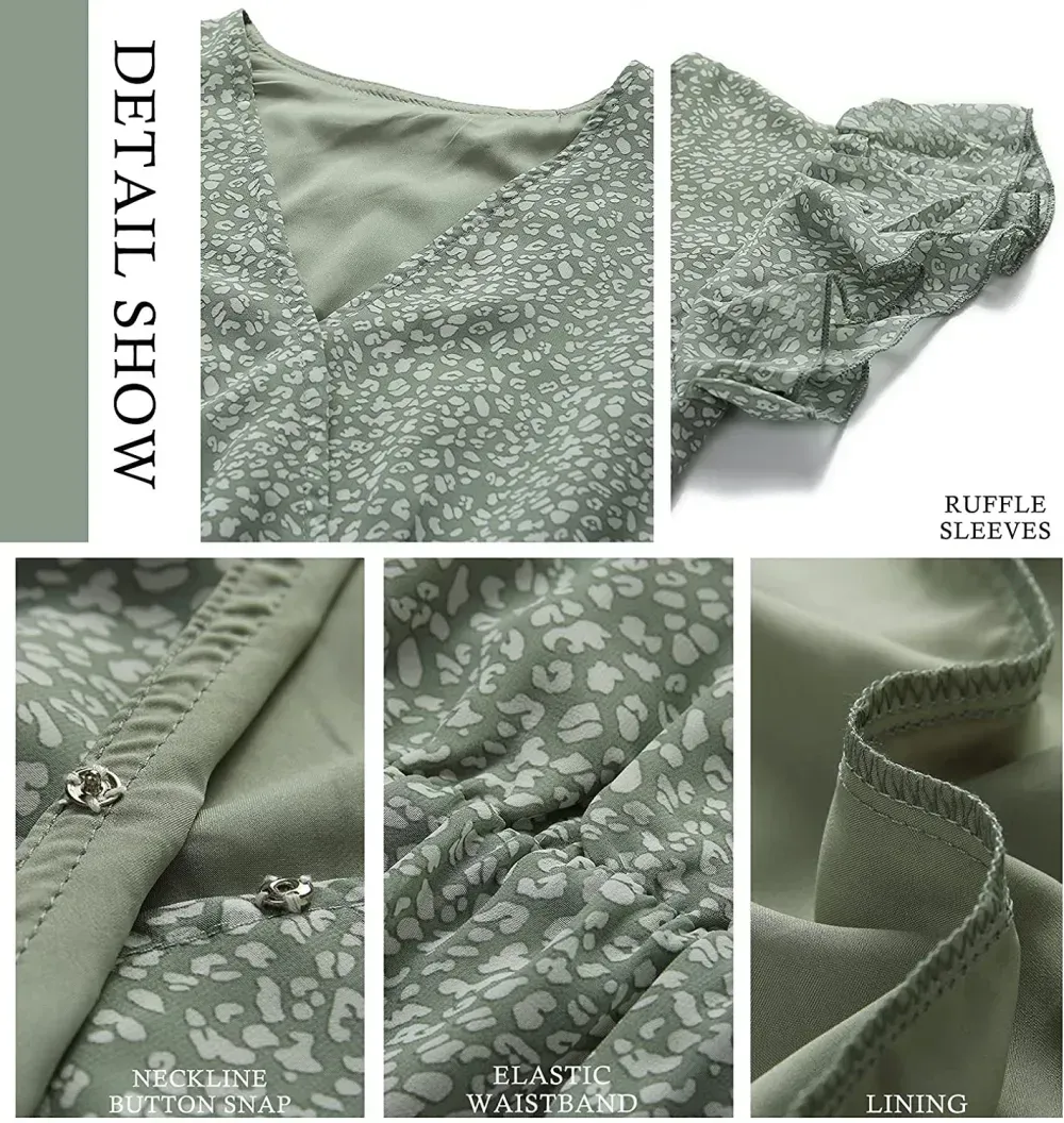 Women Summer Bohemian Floral Casual Wrap V Neck Ruffle Cap Sleeveless Belt A-Line Pleated Hem Swing Midi Sun Dress