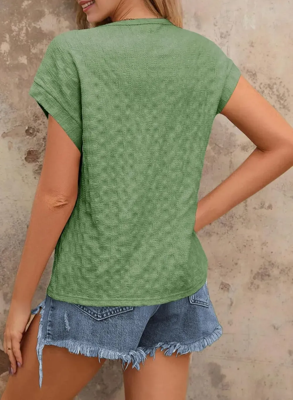 Dokotoo Tops for Women Trendy Summer Casual Cap Short Sleeve Basic Textured Solid Color Round Neck T Shirts Blouse