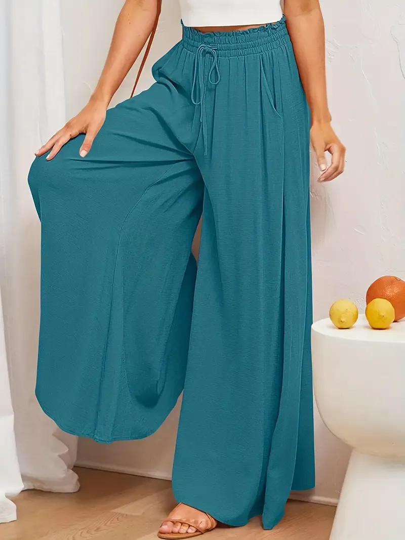 Women's Wide Leg Palazzo Pants, Flowy Ruffle Solid Pants - Comfortable, Breathable Fabric - For Casual & Formal Occasions - Perfect Gift for Women