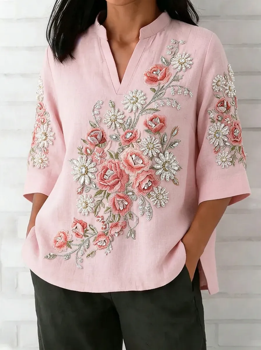 Women's Nashville Floral Embroidered V-Neck Printed Top
