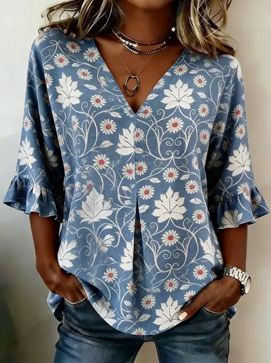 Women's Nashville Floral Leaf Printed V-Neck Ruffle Sleeve Top