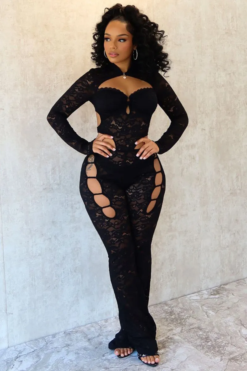 Long Sleeve Guipure Lace Cutout Bodycon Jumpsuit-Black