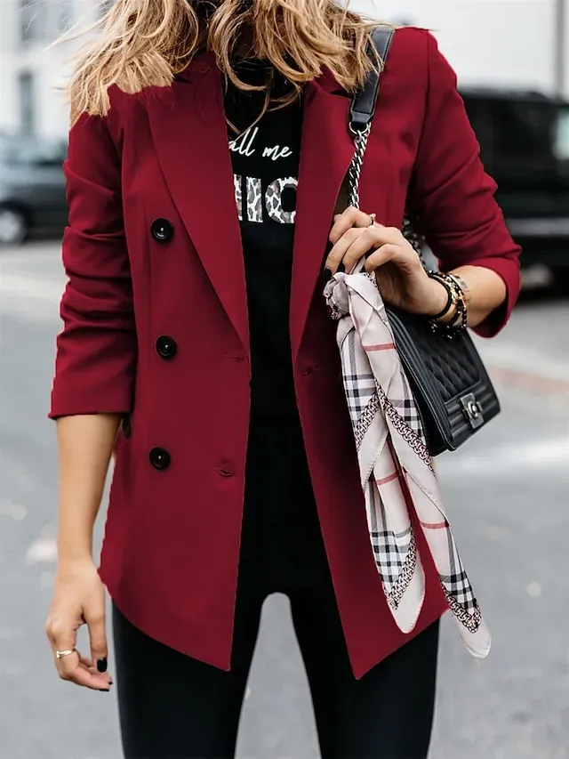 Women's Blazer Outdoor Button Solid Color Warm Fashion Regular Fit Outerwear Long Sleeve Fall Light Blue S