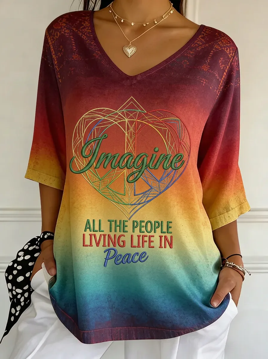 Women's Nashville Peace Sign Imagine Quote Printed V-neck T-shirt
