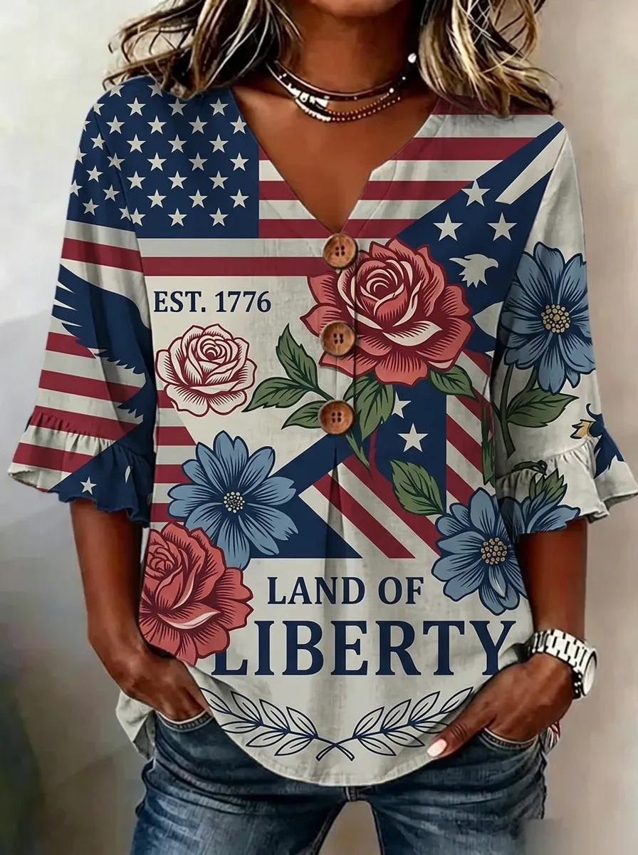 Women's Nashville USA Flag Floral Land of Liberty Printed V-neck Top