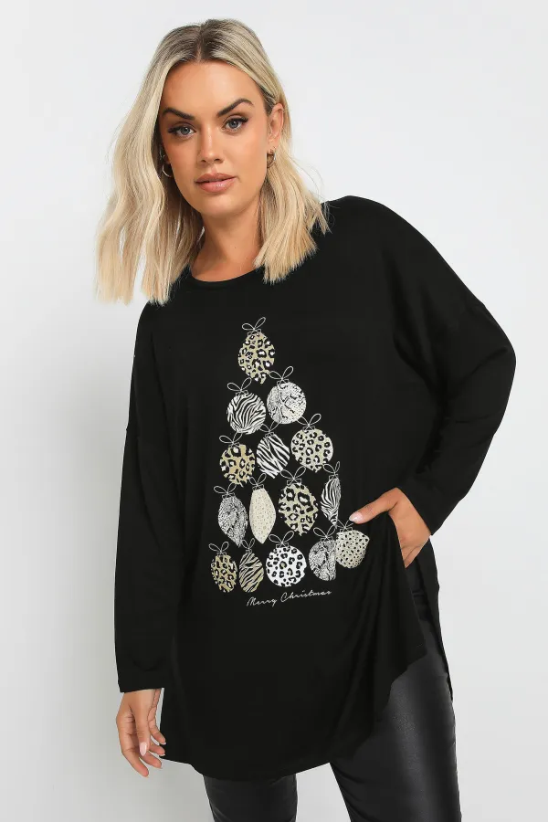 复制YOURS Curve Black 'Merry Gonkmas' Sequin Embellished Christmas Top