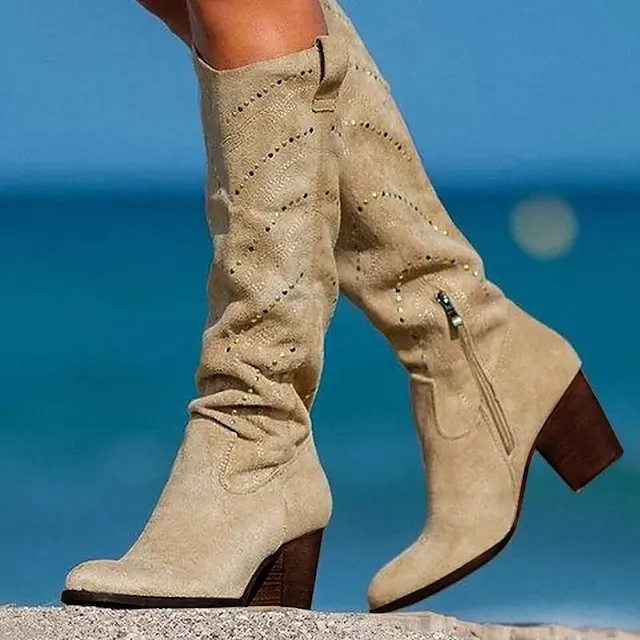 Women's Boots Suede Shoes Slouchy Boots Plus Size Work Daily Knee High Boots Winter Rivet Embroidery Block Heel Pointed Toe Elegant Casual PU Leather Zipper Solid Colored Embroidered Black White