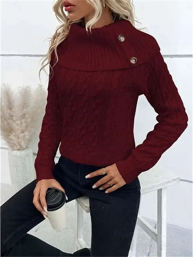 Women's Sweater Pullover Sweater Jumper Casual Soft Pure Color Ribbed Turtleneck Buttons Knitted Long Sleeve Regular Tops Knit Outdoor Daily Weekend Wine Khaki Fall Winter