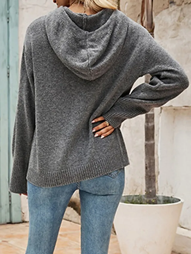 Women's Cardigan Sweater Jumper Ribbed Knit Regular Button Solid Color Hooded Stylish Casual Outdoor Daily Fall Winter Black White S M L