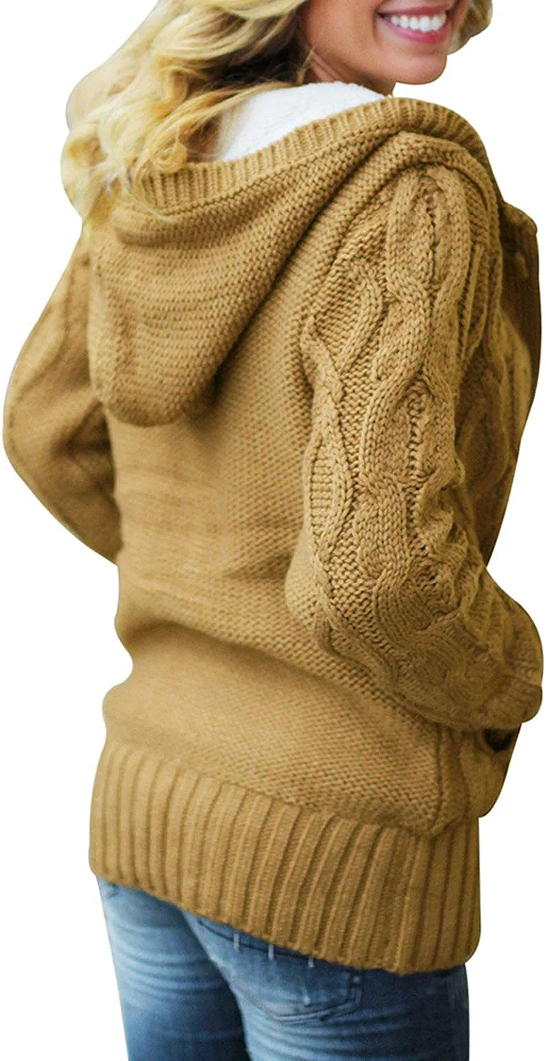 Womens Hooded Cardigans Button Up Cable Knit Sweater Coat Outerwear with Pockets