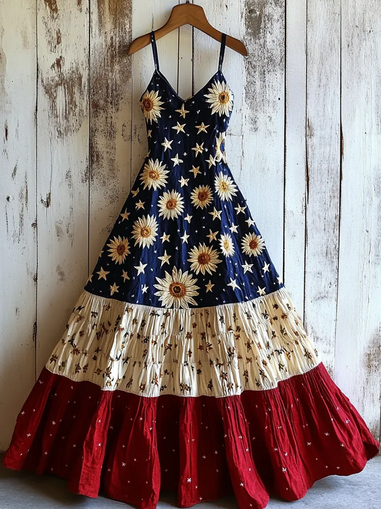 Women's Vintage Independence Day Flag Sunflower Long Suspender Skirt