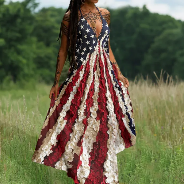Independence Day Flag Floral Art Inspired Patchwork Maxi Dress