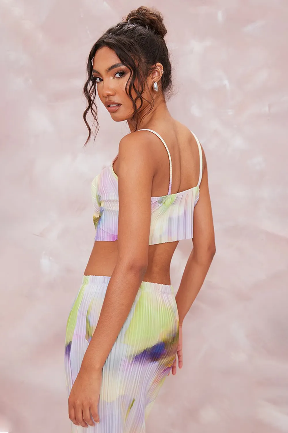 Multi Watercolour Print Plisse Strappy Cowl Neck Top And Skirt Set