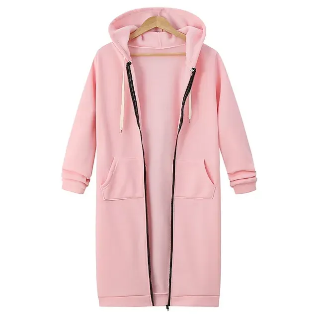 Women's Casual Jacket Hoodie Jacket Warm Pocket Full Zip Streetwear Casual Solid Color Street Sport Daily Going out Zipper Long Hoodie Regular Fit Long Sleeve Outerwear Black Pink Wine Fall Winter