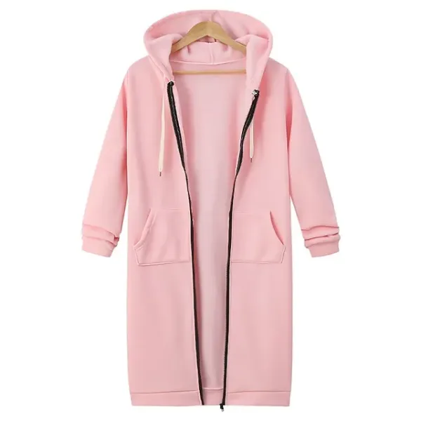 Women's Casual Jacket Hoodie Jacket Warm Pocket Full Zip Streetwear Casual Solid Color Street Sport Daily Going out Zipper Long Hoodie Regular Fit Long Sleeve Outerwear Black Pink Wine Fall Winter
