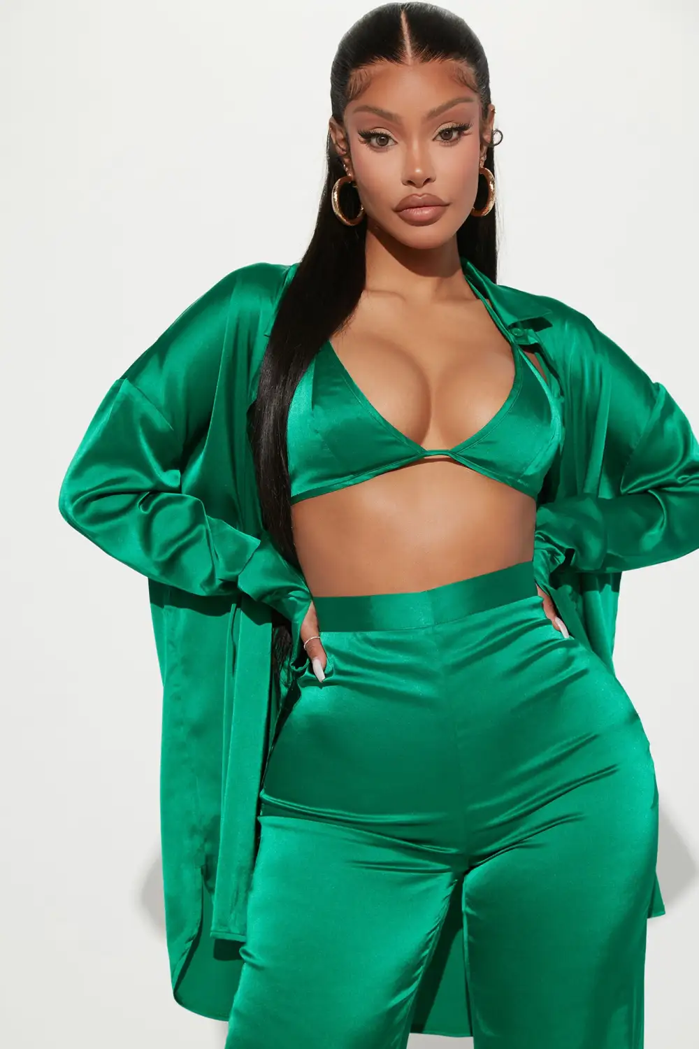 Sexy In Satin 3 Piece Pant Set - Green
