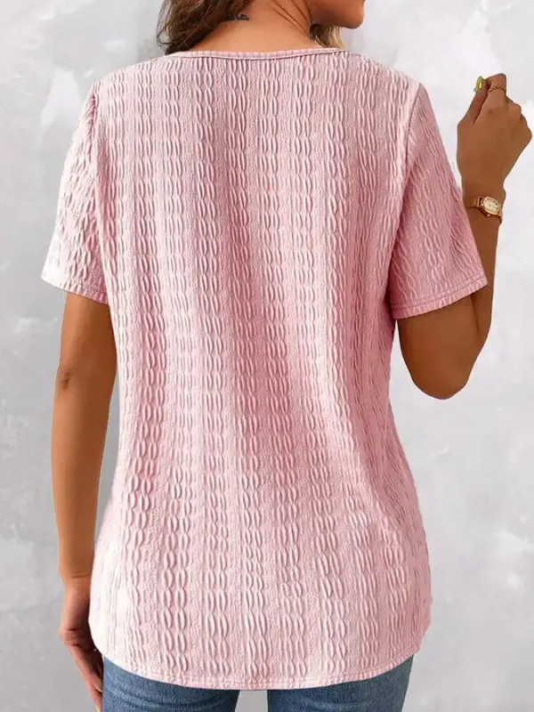 V-Neck Solid Color Lace Button T-Shirt