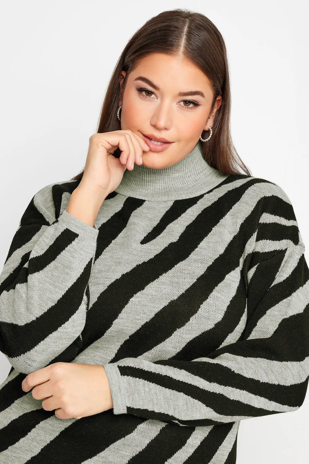 YOURS Curve Beige Brown Zebra Print Turtle Neck Jumper