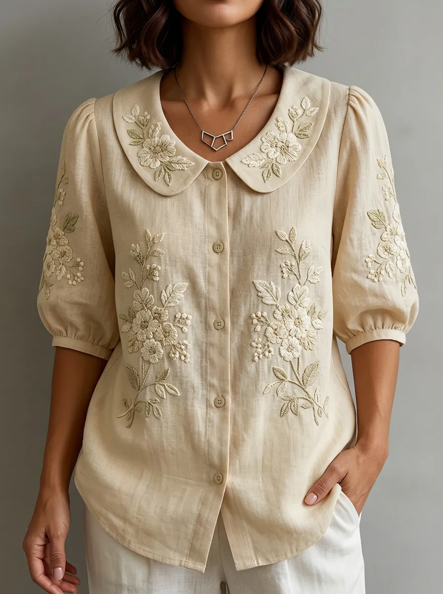 Women's Nashville Floral Embroidery Peter Pan Collar Printed Shirt