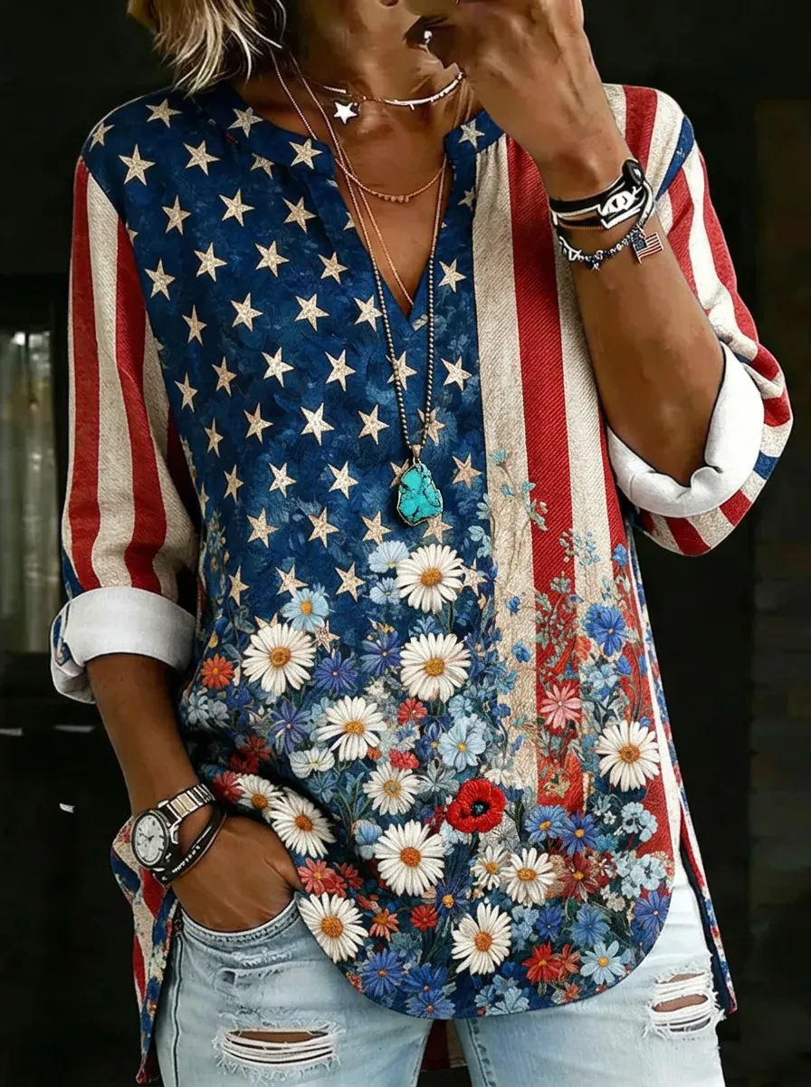 Women's Nashville Patriotic Daisy Flag Printed V-neck Top