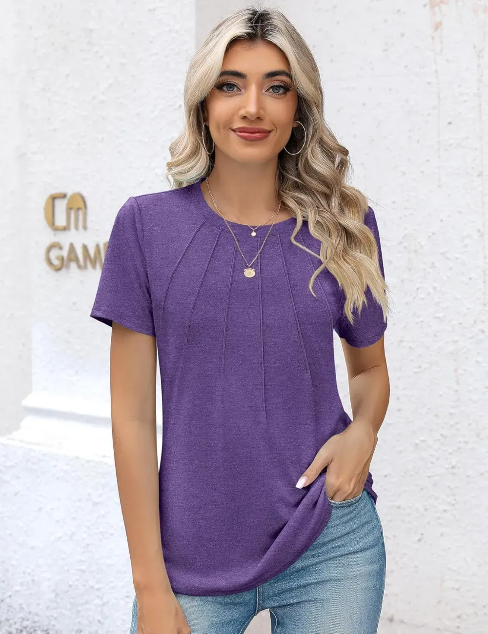 Kistore Womens Casual Crew Neck Short Sleeve Pleated Tops Blouses Fashion Clothes 2024
