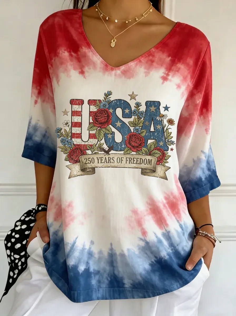 Women's USA Patriotic Floral 250 Years Freedom Printed V-neck T-shirt