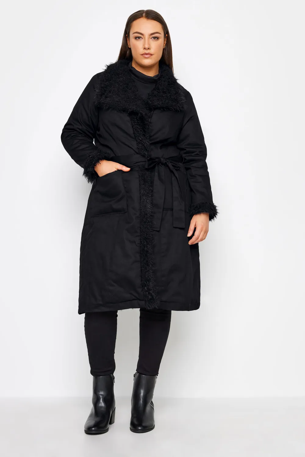 Evans Black Faux Fur Trim Tie Waist Coat