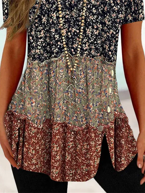 Women Short Sleeve U-neck Floral Printed Stitching Tops