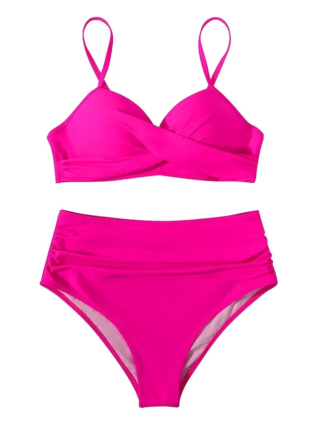 Women's Swimwear Bikini Normal Swimsuit 2 Piece High Waisted Plain Black Pink Purple Green Rose Red Bathing Suits Sports Beach Wear Push Up