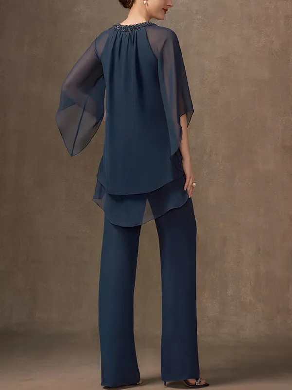 Chiffon Mother Sequin Top Trousers Set