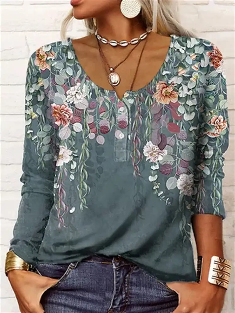 Women Long Sleeve Shirt Collar Printed Graphic Women Tops