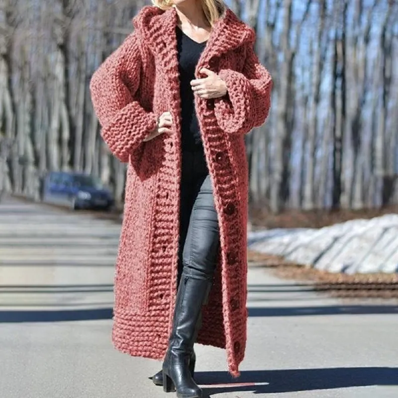Oversized hooded cardigan long knitted jacket