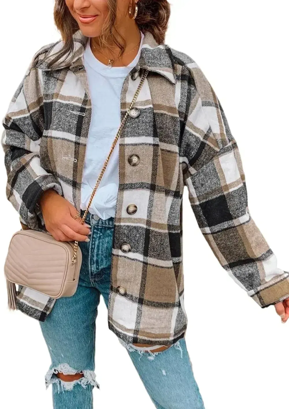 Women's 2023 Fall Clothes Plaid Shacket Jacket Long Sleeve Button Down Flannel Shirts Fashion Blouse