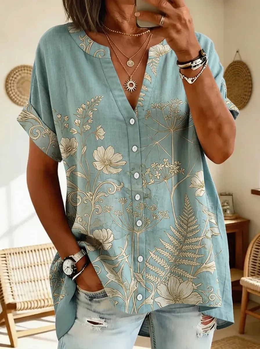 Women's Nashville Botanical Floral Printed V-Neck Button-Up Shirt