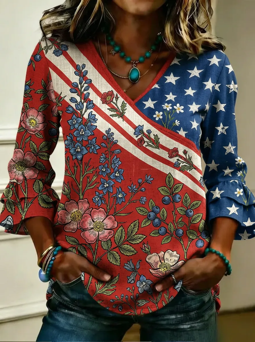 Women's Nashville Patriotic Floral Stars Printed V-neck Top
