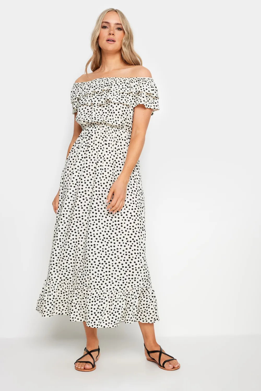 LTS Tall White Polka Dot Bardot Frill Midaxi Dress