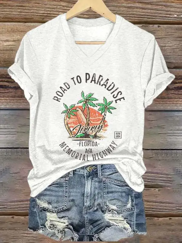 V Neck Retro Vacation Palm Trees Jimmy Memorial Highway Florida Road To Paradise Print T-Shirt