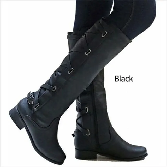 Women's Boots Biker boots Lace Up Boots Riding Boots Party Outdoor Knee High Boots Chunky Heel Fashion Classic Casual PU Solid Color dark brown claret Black