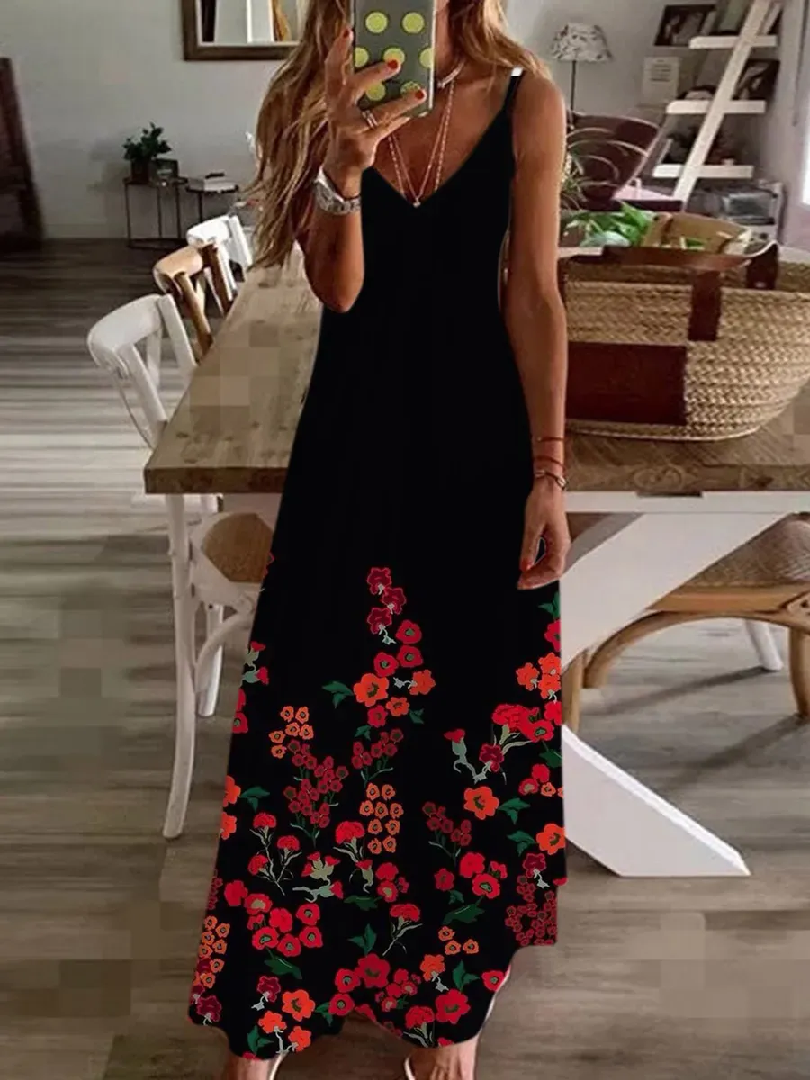 Casual Flower Print Suspender Dress