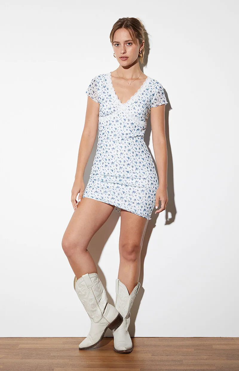 LA Hearts Short Sleeve Lace Trim Mesh Mini Dress