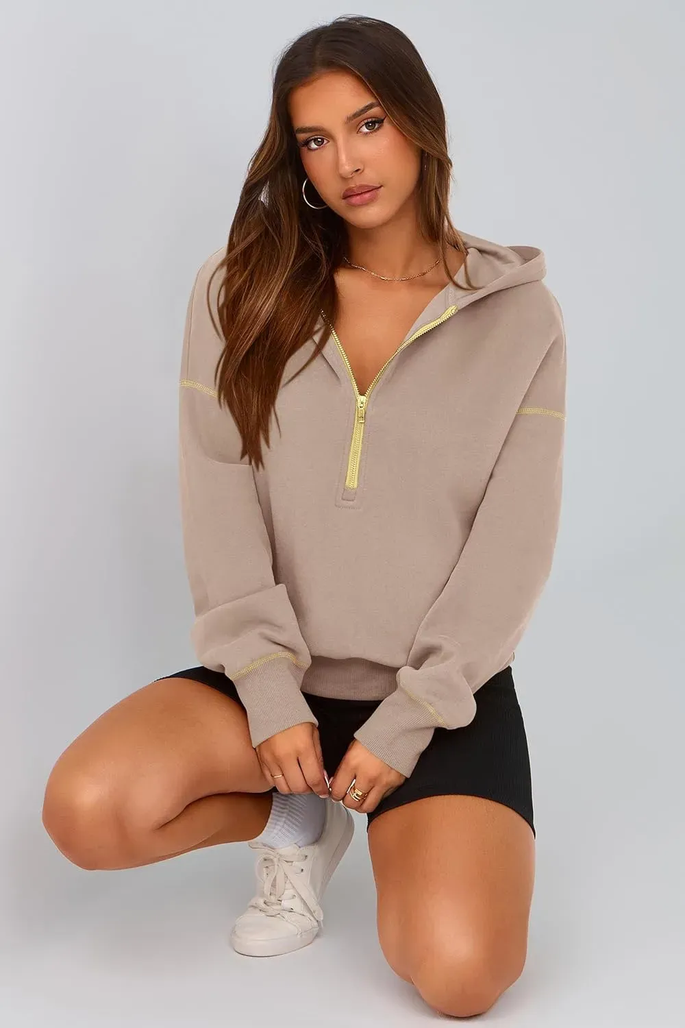 Women's Hooded Sweatshirts Long Sleeve Half Zip Cropped Hoodie Pullover Winter Fashion Clothes