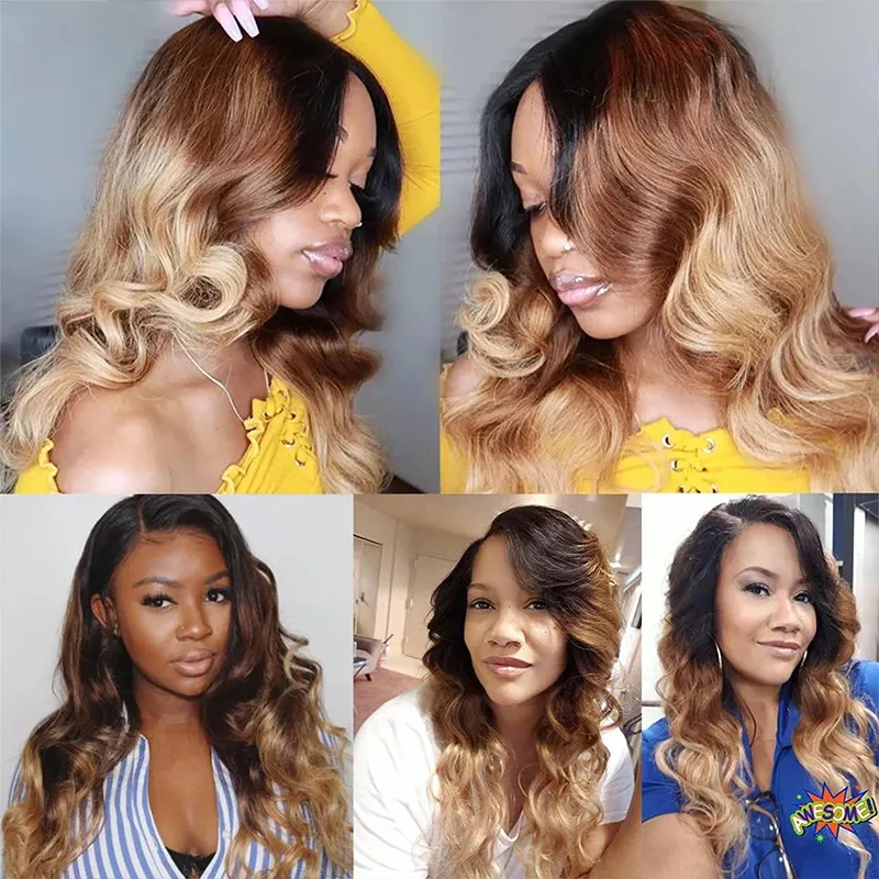 Sterly Colored Body Wave Bundles With 5×5 Lace Closure T1B/4/27 Ombre Human Bundles With 13x6 Lace Frontal