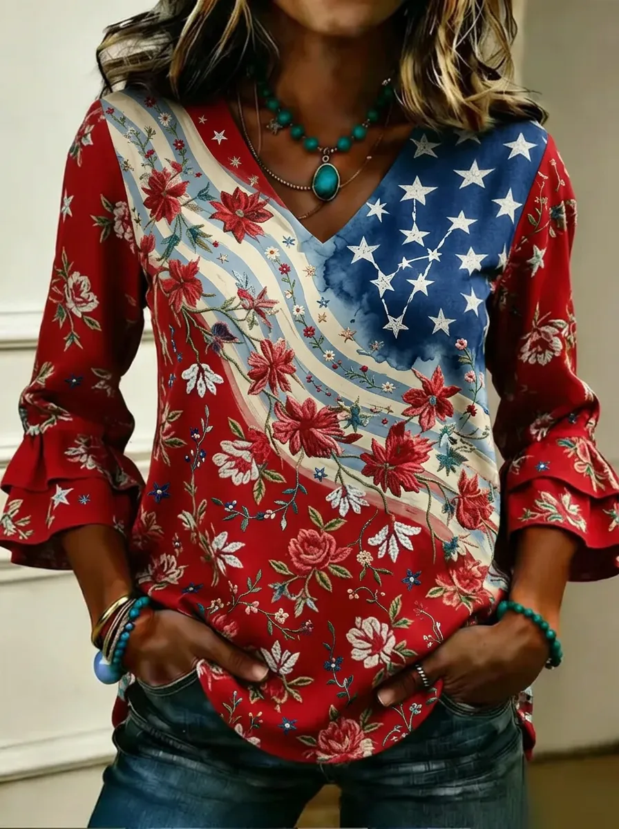Women's Nashville Patriotic Floral Star Printed V-neck Top