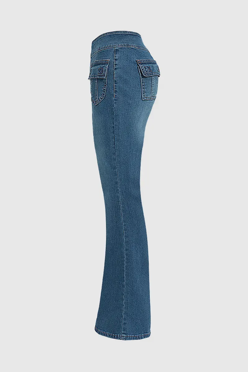Flap Pocket Button Up Low Rise Flare Jeans