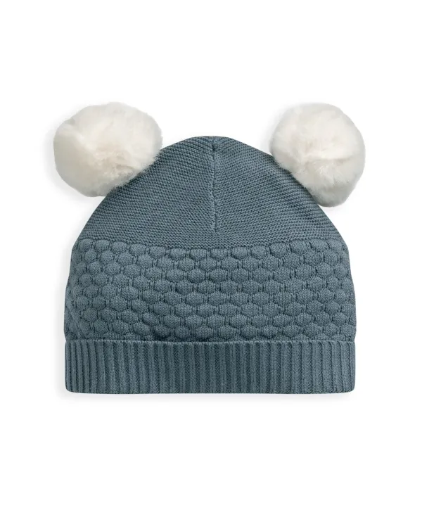 Knitted Pom Pom Hat - Petrol Blue