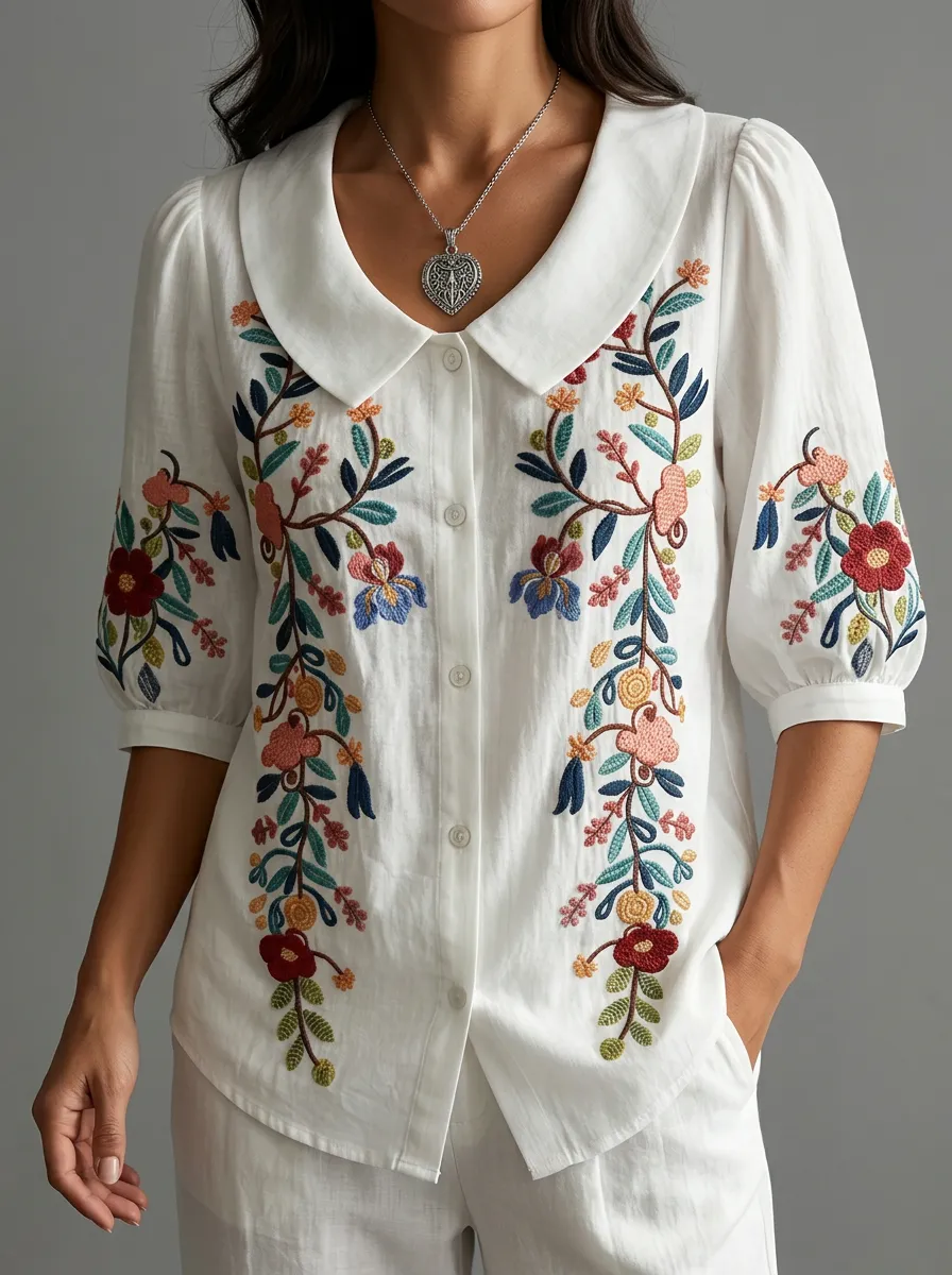 Women's Nashville Floral Botanical Embroidered Printed Shirt